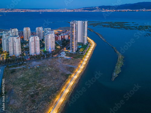 Sea and architecture at sunset in Izmir mavisehir photo