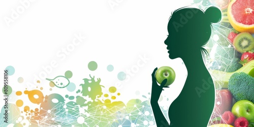 A woman is holding an apple in her hand. The background features a variety of fruits and vegetables  including broccoli  oranges  and kiwis. Concept of health and wellness