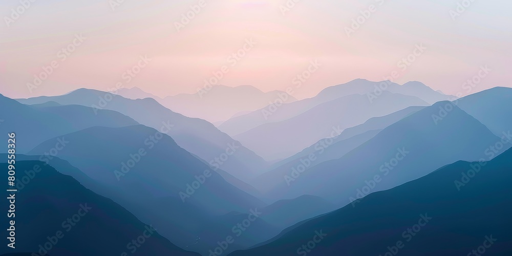 The mountains are covered in a blue mist, creating a serene and peaceful atmosphere. The sky is a soft pink color, adding to the calming effect of the scene. The mountains are a beautiful