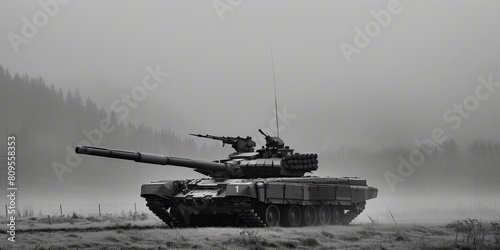 A tank is driving through a foggy field. The tank is large and has a lot of firepower. The fog makes it difficult to see the tank, but it is clear that it is moving through the field photo