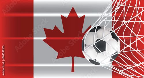 Soccer or Football ball in Goal Net Isolated on Canada Shaded Flag, Sports Accessory Equipment for Playing Game, Championship and Competition Design Element Realistic 3D Vector File