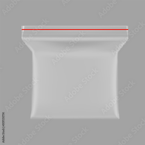 Clear zipper locking bag mockup for food. Vector illustration isolated on grey background. Ready for your design. EPS10.