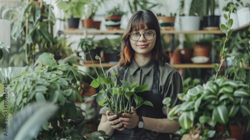 Woman professional gardener in apron take care of houseplants in floral store