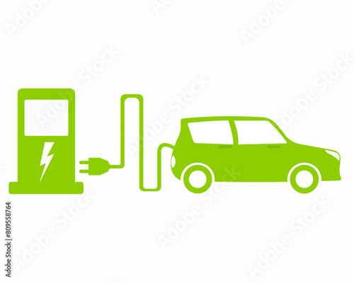 green electric car with charging station plug icon ecofriendly vehicle vector illustration