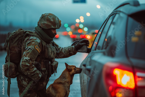 Male border guard with German Shepherd on the road at a checkpoint