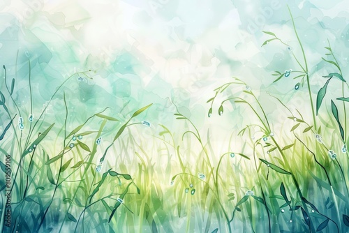 Watercolor illustration of a morning meadow