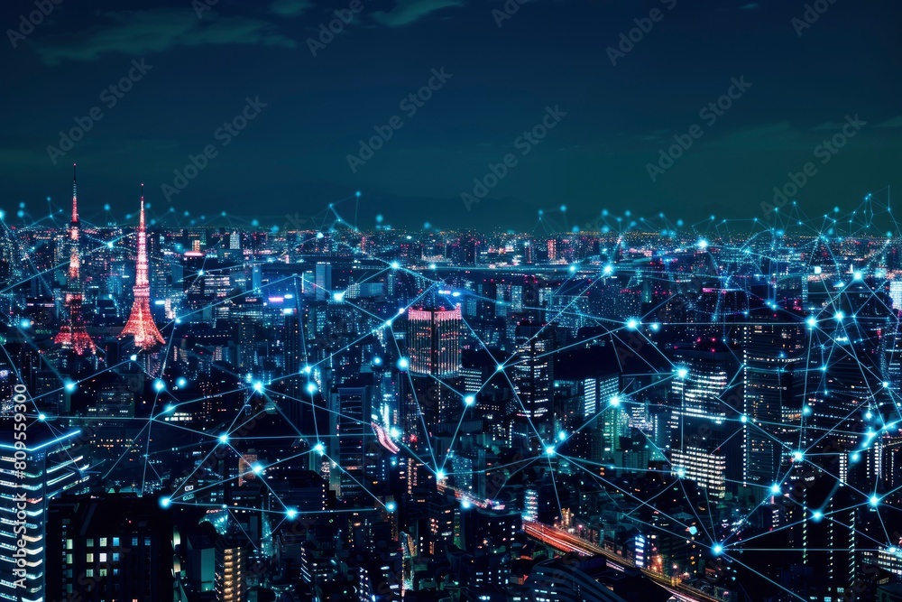 Modern city with wireless network connection and cityscape concept.Wireless network and connection technology concept with city background at night with generative ai