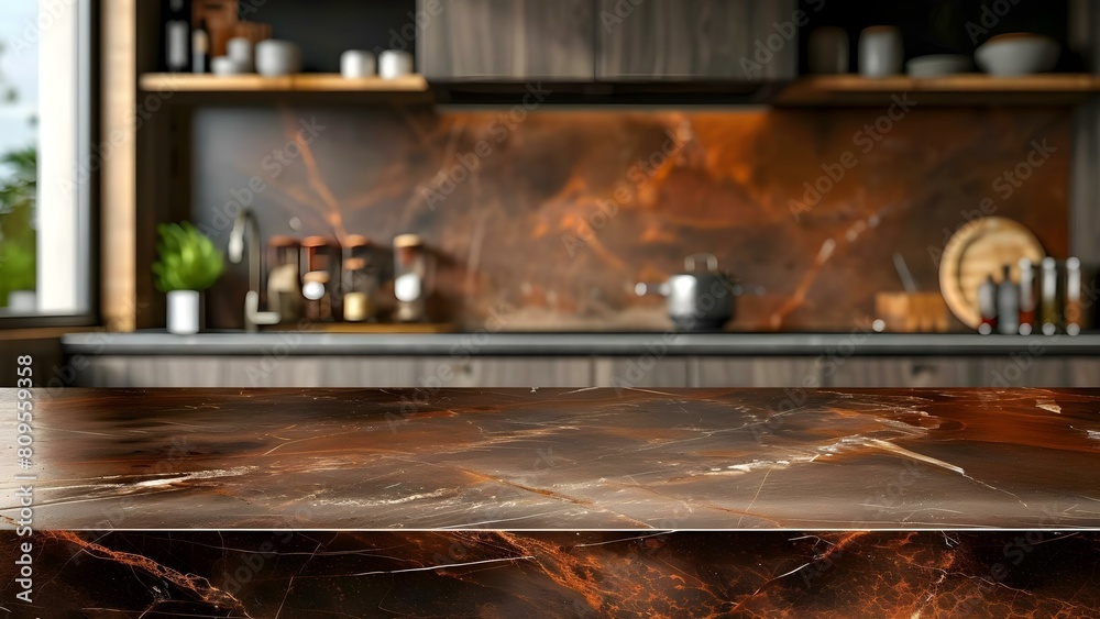 Blurry kitchen background with dark marble table for product display montage. Concept Product Photography, Blurry Background, Marble Table, Dark Tones, Montage Display