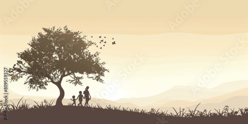 A man and a woman are walking in a field with a tree in the background. The sky is a light orange color