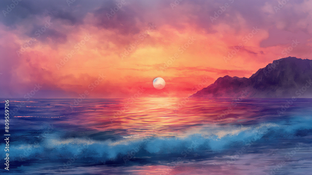Beautiful sunset over the sea. watercolor illustration.
