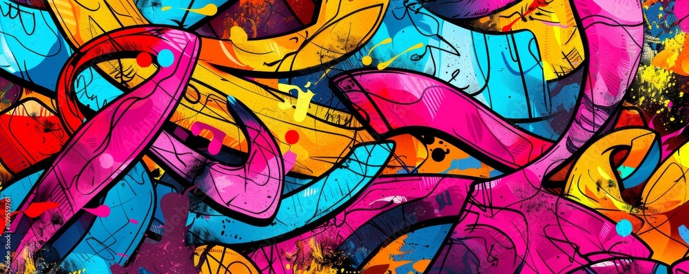 Expansive, colorful graffiti panorama featuring abstract shapes and dynamic designs