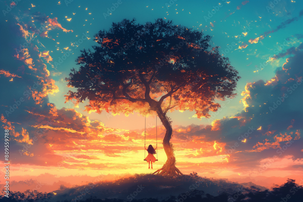 Obraz premium A little girl swings on a swing under a big tree at sunset. Watercolor illustration