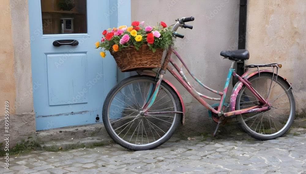 A colorful bicycle adorned with flowers parked in upscaled 4