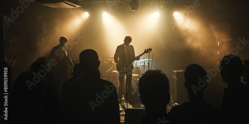 A band is performing in front of a crowd. The stage is lit up with bright lights and the audience is watching intently. Scene is energetic and exciting