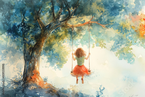 A little girl swings on a swing under a large tree. Watercolor illustration