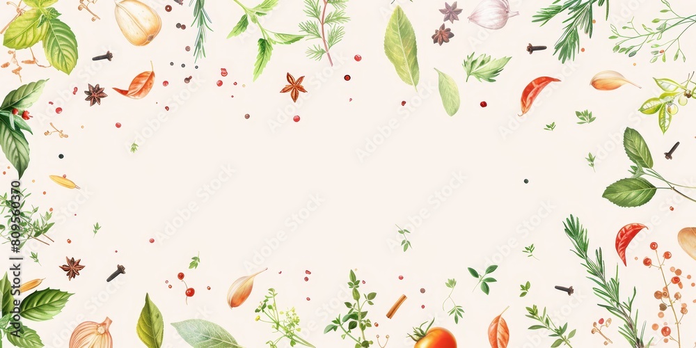 A colorful background with a variety of herbs and spices. The background is white and the herbs and spices are scattered throughout the image