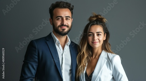 Confident business duo in professional attire with friendly smiles against a neutral gray backdrop