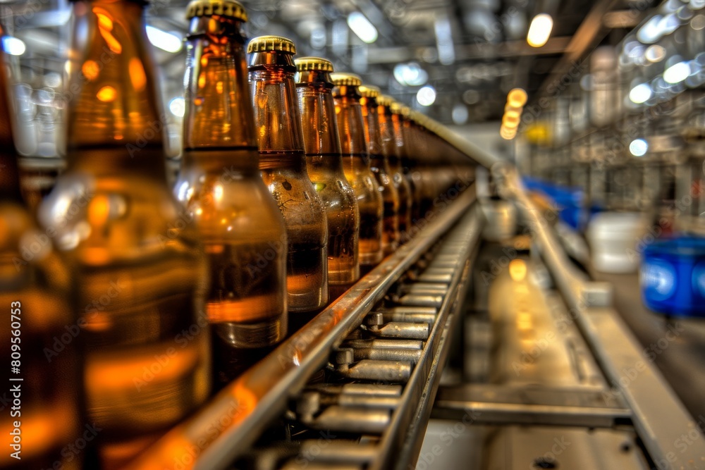 Beer Bottles Manufacturing Line, Beer on Conveyor Belt, Alcoholic Beverages Production Line