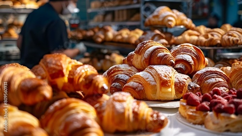 Fresh croissants on a white table in a restaurant Delicious pastries. Concept French Bakery, Breakfast Menu, Gourmet Pastries, Coffee Shop Atmosphere