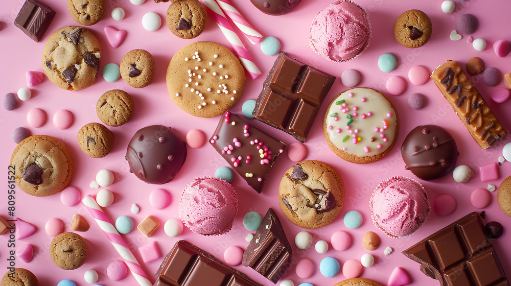 photography of cookies, chocolate bars and candy on a pink colored background photography of cookies, chocolate bars and candy on a pink colored background