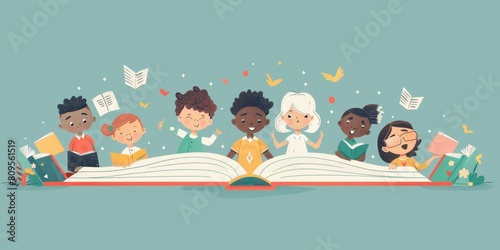 A group of children are sitting on a book, with the book open to the middle. The children are all smiling and seem to be enjoying themselves. Concept of fun and learning