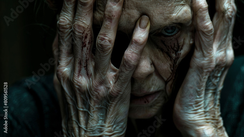 old woman with Despair: Hollow gaze, trembling hands, drowning in a sea of hopelessness