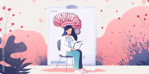 A woman is sitting in a chair and reading a piece of paper. The image is of a brain  and the woman is looking at it. Scene is serious and contemplative