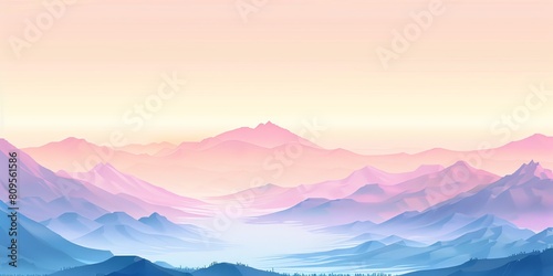 A mountain range with a pink and blue sky. The mountains are covered in snow and the sky is a mix of pink and blue © kiimoshi