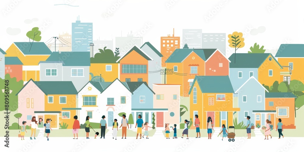 A group of people are walking down a street in a neighborhood. The houses are all different colors and sizes