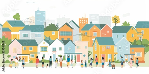 A group of people are walking down a street in a neighborhood. The houses are all different colors and sizes