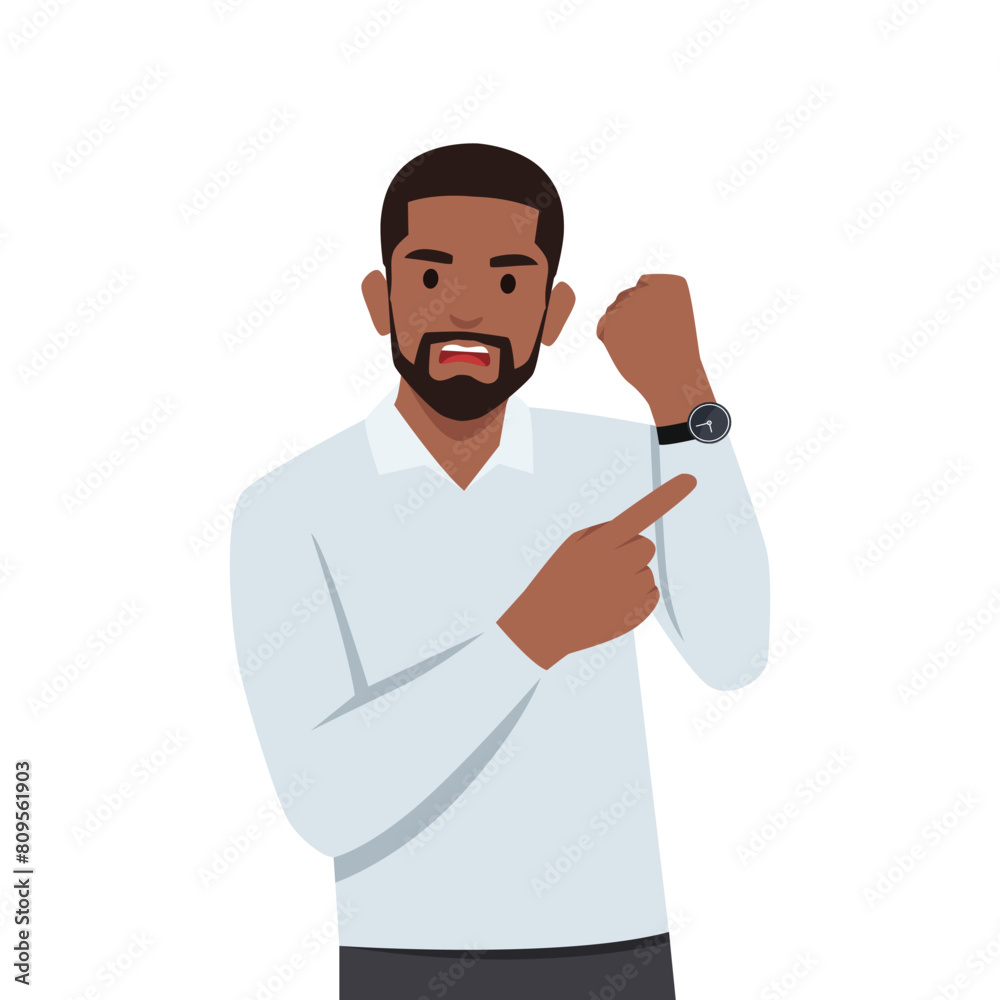 Young angry businessman office worker standing and pointing on watch on hand. Flat vector illustration isolated on white background