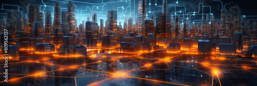 Suburban Smart Homes Digital Network  Ethernet Data Transfers Illuminating Community at Night - IoT  DX  Technology Integration Concept