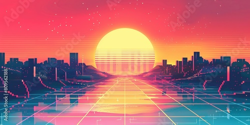 A cityscape with a large yellow sun in the background. The sun is positioned above a city street with a river running through it. The sky is a mix of pink and orange hues, creating a warm photo