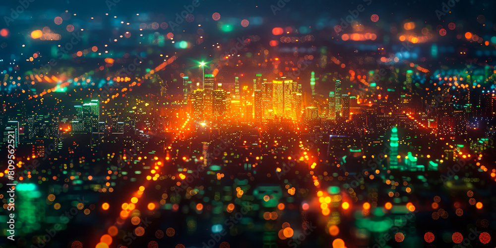 Futuristic Cityscape with Glowing Grid Network - Urban Digital Infrastructure, Energy Distribution Routes, Cyberpunk Streets