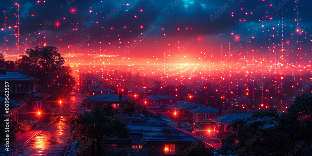Suburban Smart Digital Community - IoT Networking, Homes Data Exchange Visualization at Night
