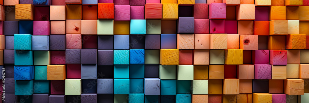 Vibrant Array of Multicolored Wooden Blocks in Wide Panoramic Format