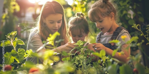 Three young girls are playing in a garden, looking at plants and touching them. Scene is lighthearted and playful, as the girls seem to be enjoying their time outdoors