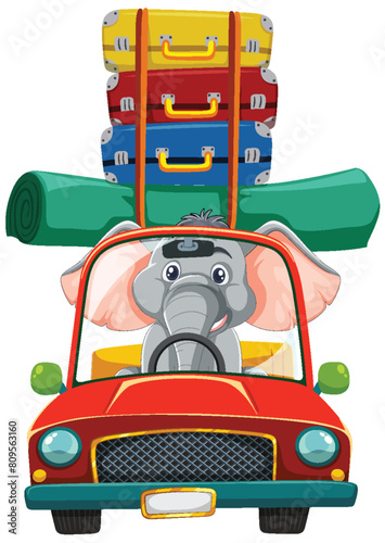 Cartoon elephant driving a car with luggage