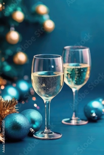 Christmas minimal festive background with star garland in glasses of champagne. Abstract Christmas and New Year color background blue ai aqua. Bright sparkling wallpaper. Top view
