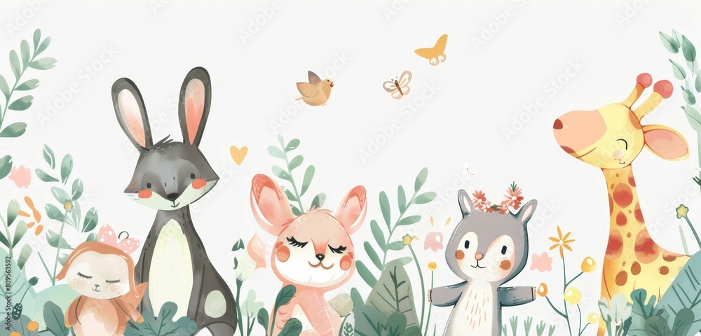 A group of animals, including a rabbit, a giraffe, and a monkey, are standing in a lush green field