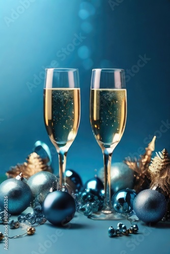 Christmas minimal festive background with star garland in glasses of champagne. Abstract Christmas and New Year color background blue ai aqua. Bright sparkling wallpaper. Top view