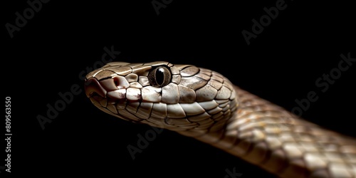 A snake's head is shown in a black and white photo. The snake's head is the main focus of the image, and it is looking at the camera. The photo has a dark and moody atmosphere
