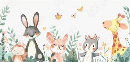 A group of animals  including a rabbit  a giraffe  and a monkey  are standing in a lush green field