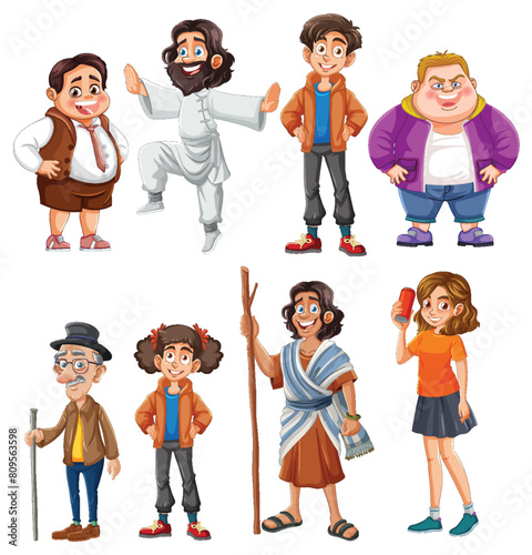 Colorful illustration of various cartoon people
