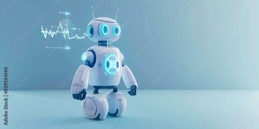 Obraz premium A robot with a heart on its chest stands in front of a wall. The robot is white and blue