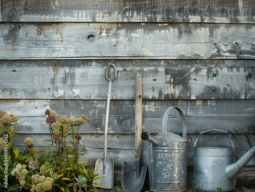 rustic garden tools like spades, trowels, and watering cans against a weathered wooden shed photo
