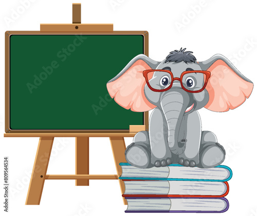 Cartoon elephant sitting on books in front of blackboard