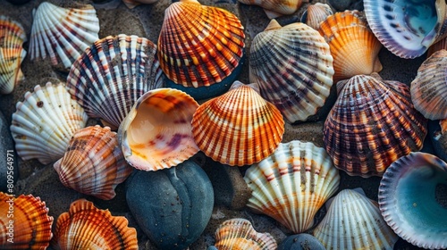 close - up of colorful seashells collected on the beach