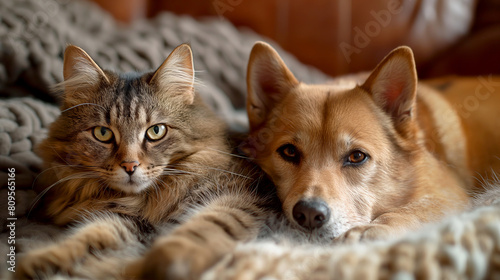 Cat and dog together on the sofa. Best friends