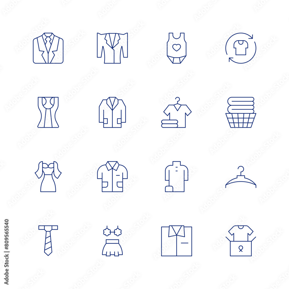 Clothing line icon set on transparent background with editable stroke. Containing tanktop, suit, dress, poloshirt, jacket, labcoat, hanger, babyclothes, clothes.